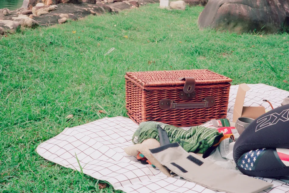 Middle-age women picnicking with facny basket