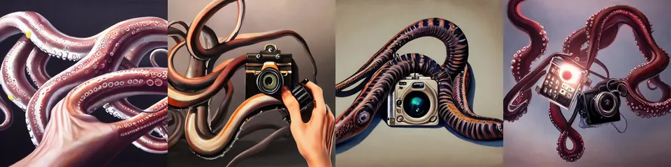 Octopus tentacles holding cameras, fingers of a human hand becoming tentacles