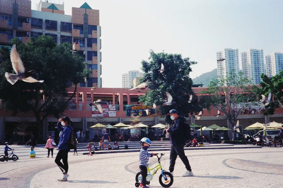 a man and a child on a bike in a plaza with a bird flying overhead and a building in the background